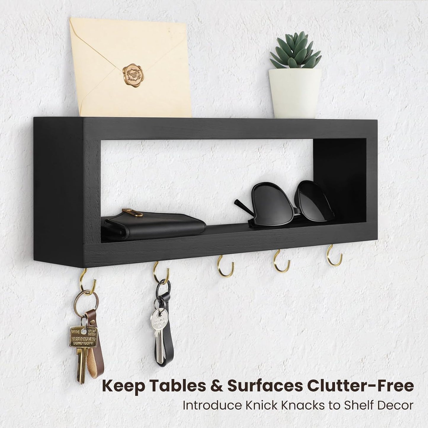Lwenki Wall Shelf with Hooks - Decorative Key and Wallet Holder for Wall Holds Sunglasses, Leashes, Scarves and Lanyards - 15.7" x 5.1" x 2.9" Entryway Organizer Made of Paulownia Wood (White)