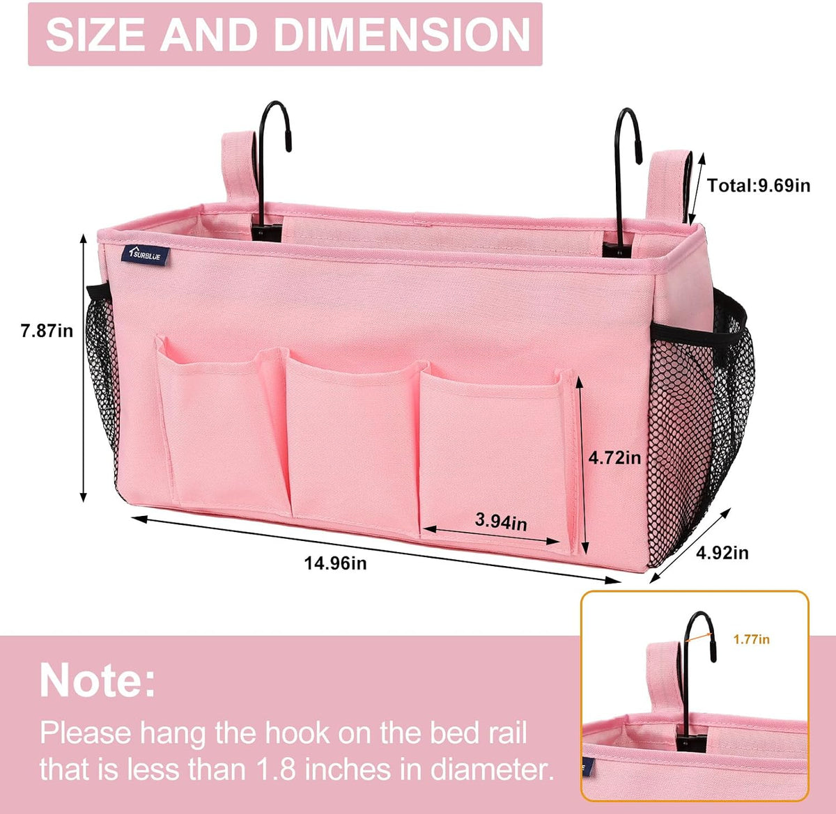 Surblue Bedside Organizer with Hook Bedside Caddy Hanging Storage Bag with Adjustable Straps and Water Bottle Holder for Home College Dorm Bunk Bed Accessories, Crib Bed Rails, Hospital Bed, Black
