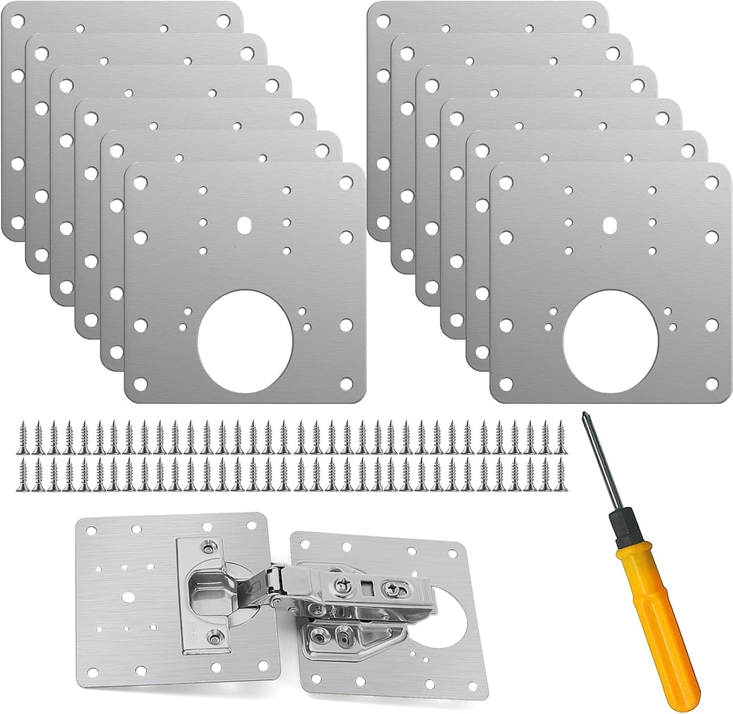8 Pcs Stainless Steel Cabinet Hinge Repair Plate Kit with Screws and Mounting Tools for Wooden Kitchen Cabinets and Doors