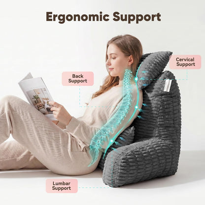 21" Higher Large Reading Pillow for Bed Adult, Back Pillow for Bed Sitting Up with Memory Foam Back Support with Arms Rest for Couch Chair Gray