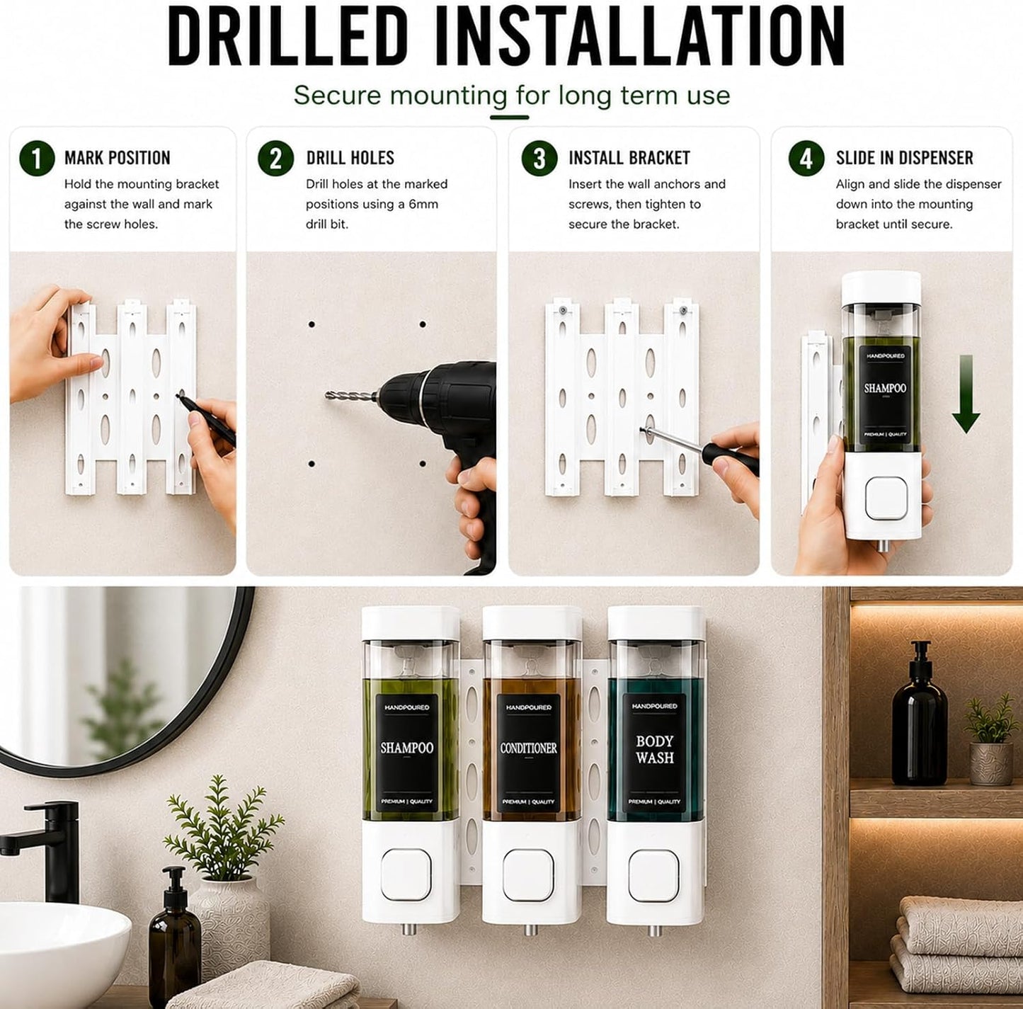 Shampoo and Conditioner Dispenser, Shower Soap Dispenser Wall Mounted, Shower Dispenser 3 Chamber No Drill for Bathroom Large Capacity (Silver)