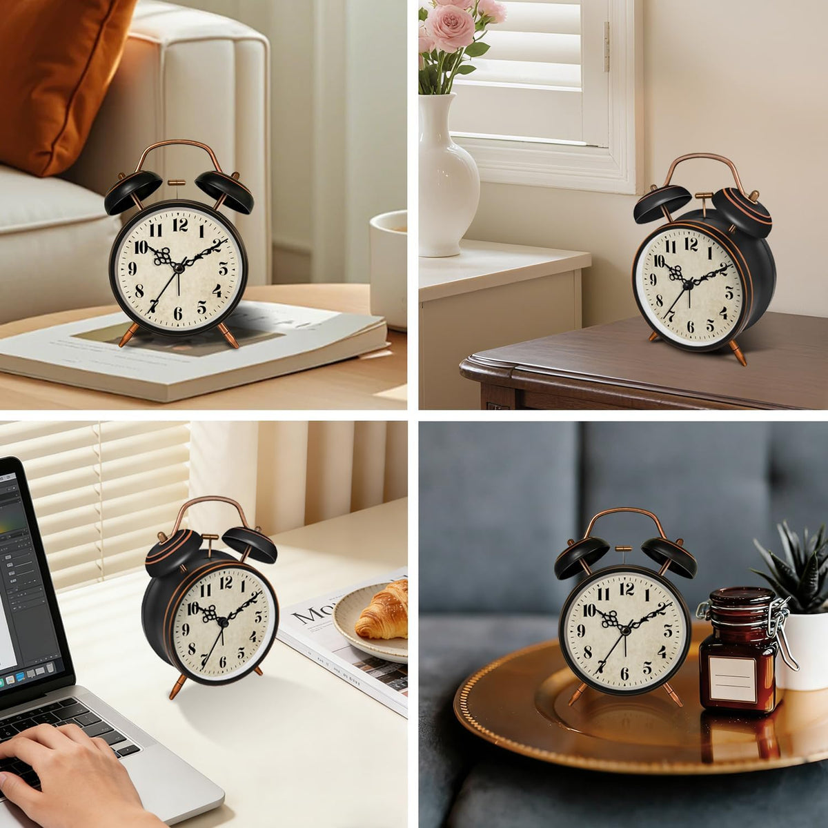 4.5" Metal Loud Alarm Clock for Heavy Sleepers Adults, Analog Battery Operated Alarm Clock with Bells Glow in Dark Numbers, Silent Old School Bedside Desk Clock for Bedroom Office Kids, Black