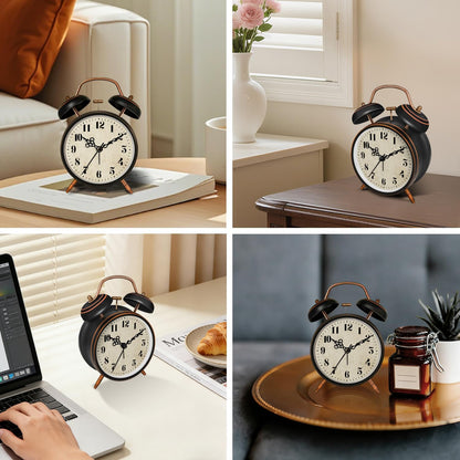 4.5" Metal Loud Alarm Clock for Heavy Sleepers Adults, Analog Battery Operated Alarm Clock with Bells Glow in Dark Numbers, Silent Old School Bedside Desk Clock for Bedroom Office Kids, Black