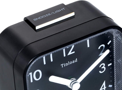 Tinload Small Battery Operated Analog Travel Alarm Clock Silent Non Ticking, Gentle Wake, Ascending Beep Sounds, Snooze,Lighted on Demand, Easy Set(Black)