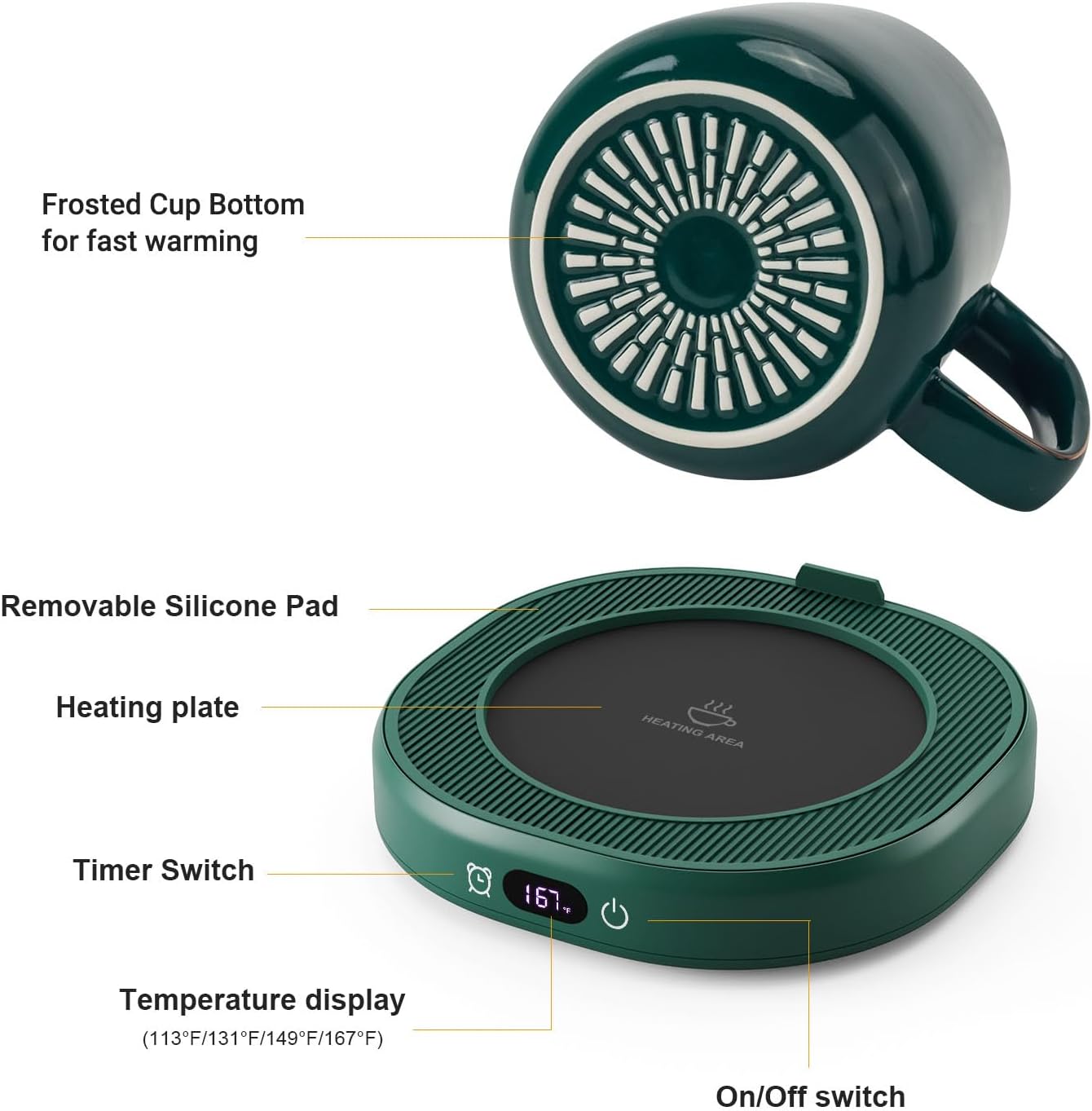 Coffee Mug Warmer & Pure Black Mug Set, Electric Cup Warmer for Desk | Beverage Warmer Plate for Coffee,Tea,4 Temperature Setting,8-Hours Auto Shut Off,14oz Mug with Spoon & Bamboo Lid Included