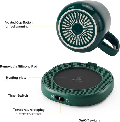 Coffee Mug Warmer & Pure Black Mug Set, Electric Cup Warmer for Desk | Beverage Warmer Plate for Coffee,Tea,4 Temperature Setting,8-Hours Auto Shut Off,14oz Mug with Spoon & Bamboo Lid Included