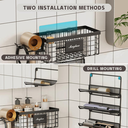 Magheo Hair Dryer Holder Cabinet Door 3-in-1 Adhesive Hair Tool Organizer Wall Mounted Adjustable Height Blow Dryer Holder Under Sink Bathroom Hair Appliance Organizer and Storage Countertop(Black)