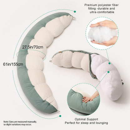 Peallow(Pat. Pend) – Long Round Body Pillow for Adults, Bolster Pillow for Sleeping, Soft and Supportive Pillow for Sleeping & Lumbar Support (Green-White, 29.5")