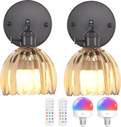 Shenmoyl Vintage Battery Operated Wall Sconce with Green Tulip Glass Lampshade Rechargeable Battery Powered Wall Light with Remote Control for Bedside Bedroom Doorway