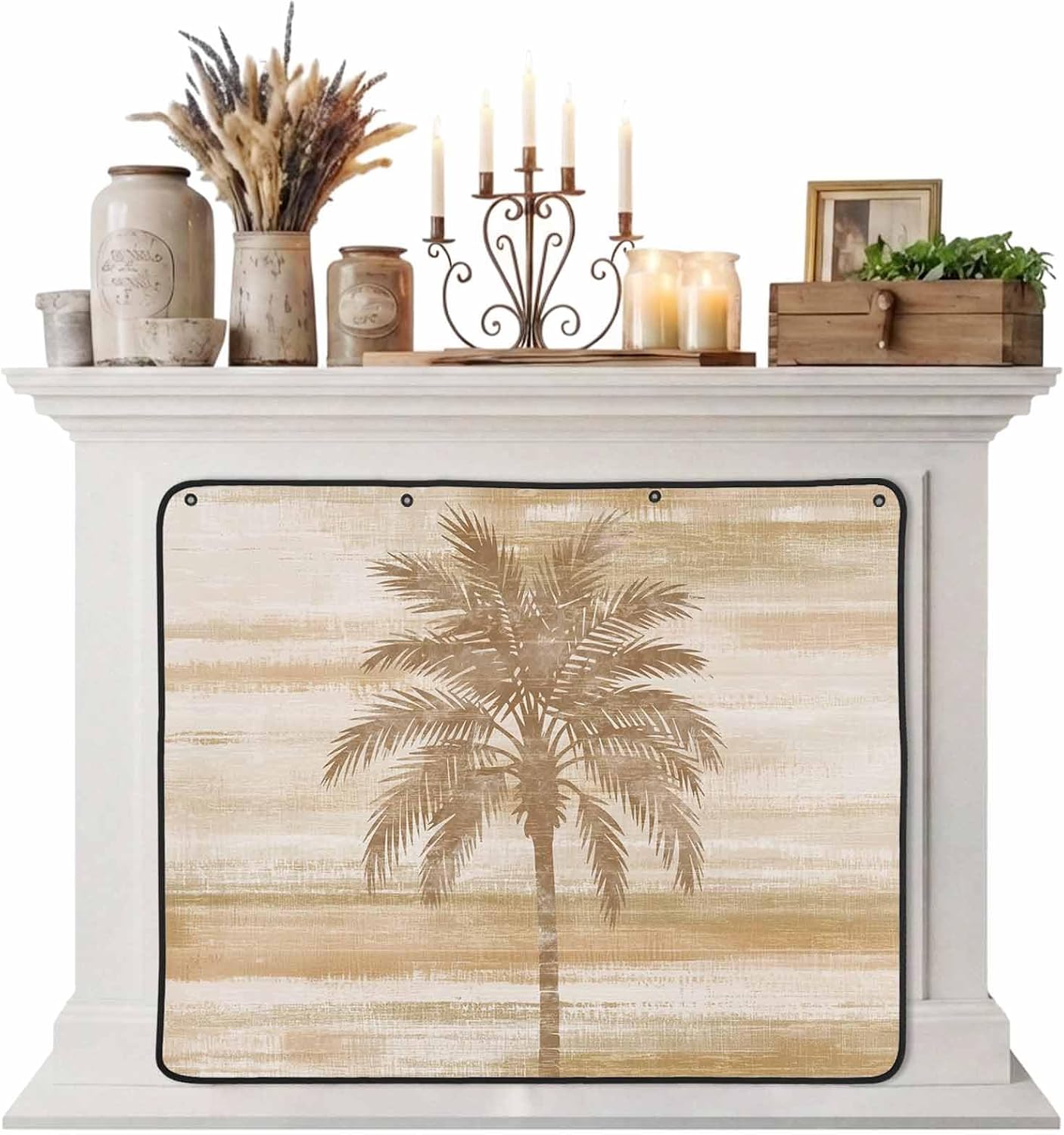 Magnetic Fireplace Cover Beige Summer Palm Tree Fireplace Screen Decorative Tropical Leaves Plant Insulation Fireplace Blocker Save Energy Fireplace Draft Stopper Covers for Living Room 45x34 Inch