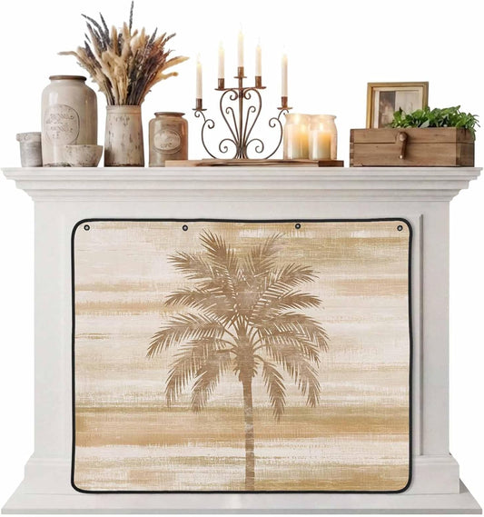 Magnetic Fireplace Cover Beige Summer Palm Tree Fireplace Screen Decorative Tropical Leaves Plant Insulation Fireplace Blocker Save Energy Fireplace Draft Stopper Covers for Living Room 45x34 Inch