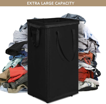 DOKEHOM 25" Slim Rolling Laundry Basket Hamper, Narrow on Wheels, Grey | Collapsible narrow laundry hamper with mesh drawstring closure. Foldable corner clothes storage bin for small spaces