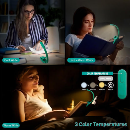Rechargeable Book Light for Reading - 9LED Eye-Caring Clip Light w/ 9 Color Temp, Stepless Dimming, 50H Battery, USB-C, Ultra Slim - Gift for Book Lovers (Black)