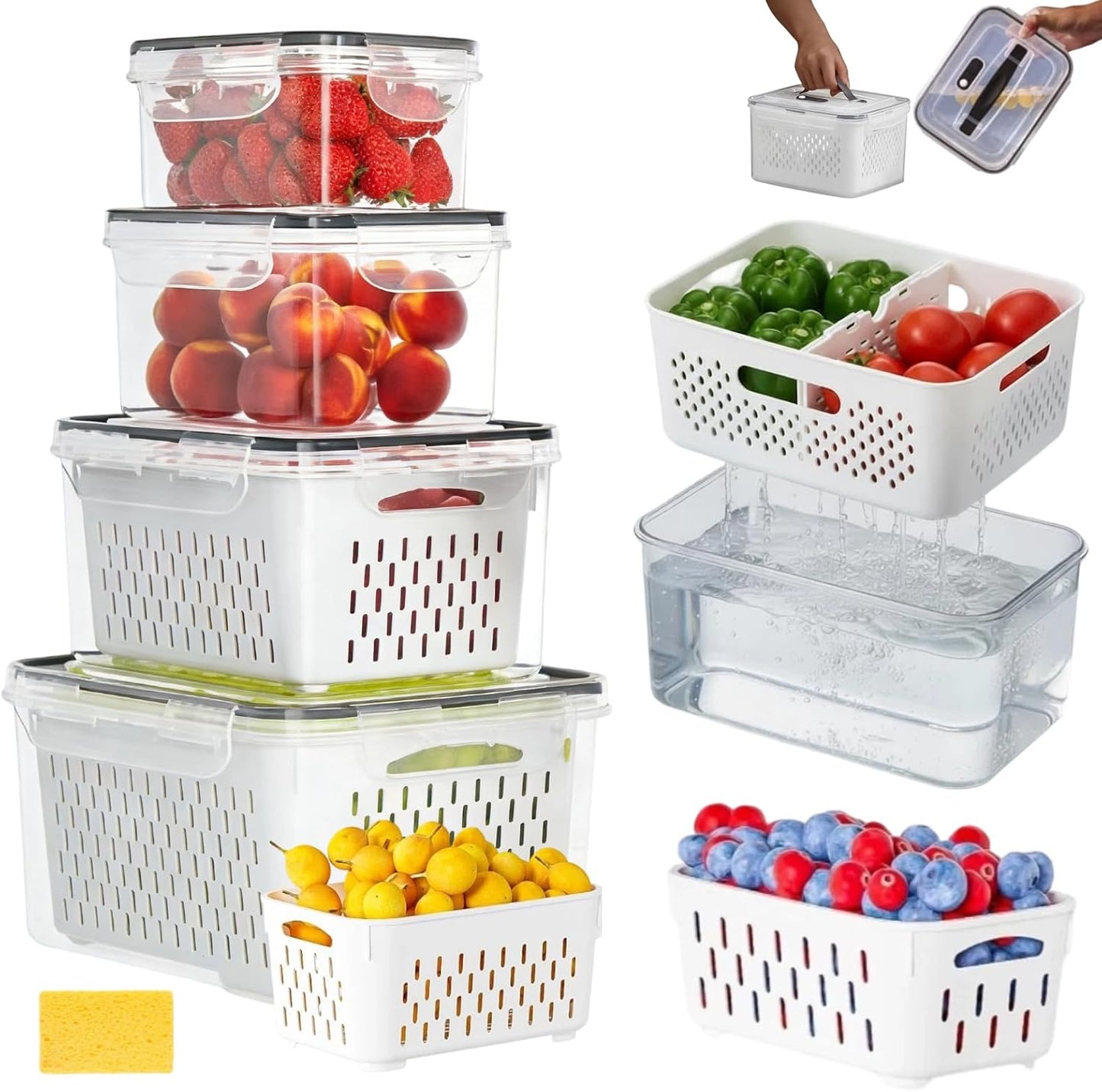 SnowSky 4PCS 2-in-1 Fruit & Veggie Fresh Box with Detachable Colander & Divider – Airtight Leak-Proof Fridge Storage Container with Lid for Berry, Meal Prep, Kitchen