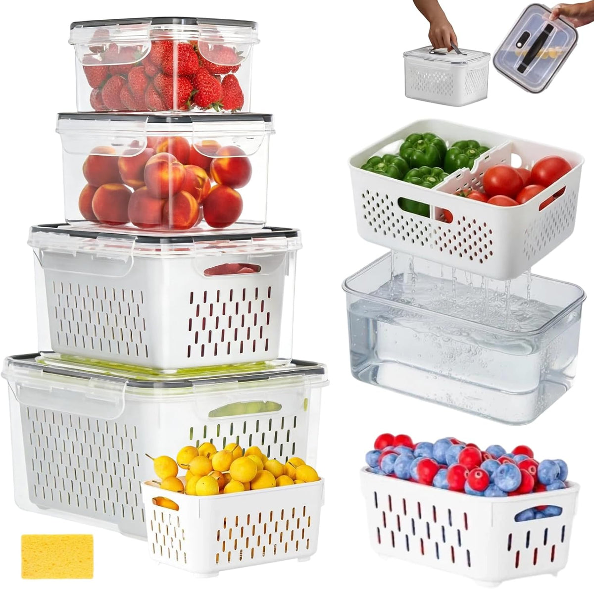 SnowSky 4PCS 2-in-1 Fruit & Veggie Fresh Box with Detachable Colander & Divider – Airtight Leak-Proof Fridge Storage Container with Lid for Berry, Meal Prep, Kitchen