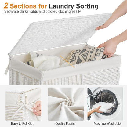 WOWLIVE Double Laundry Hamper with Wheels, Handwoven Rolling Laundry Basket | 115L Dirty Clothes Hamper with Lid, Removable Liner Bag, Large Capacity Laundry Sorter Laundry Room Organization, Green