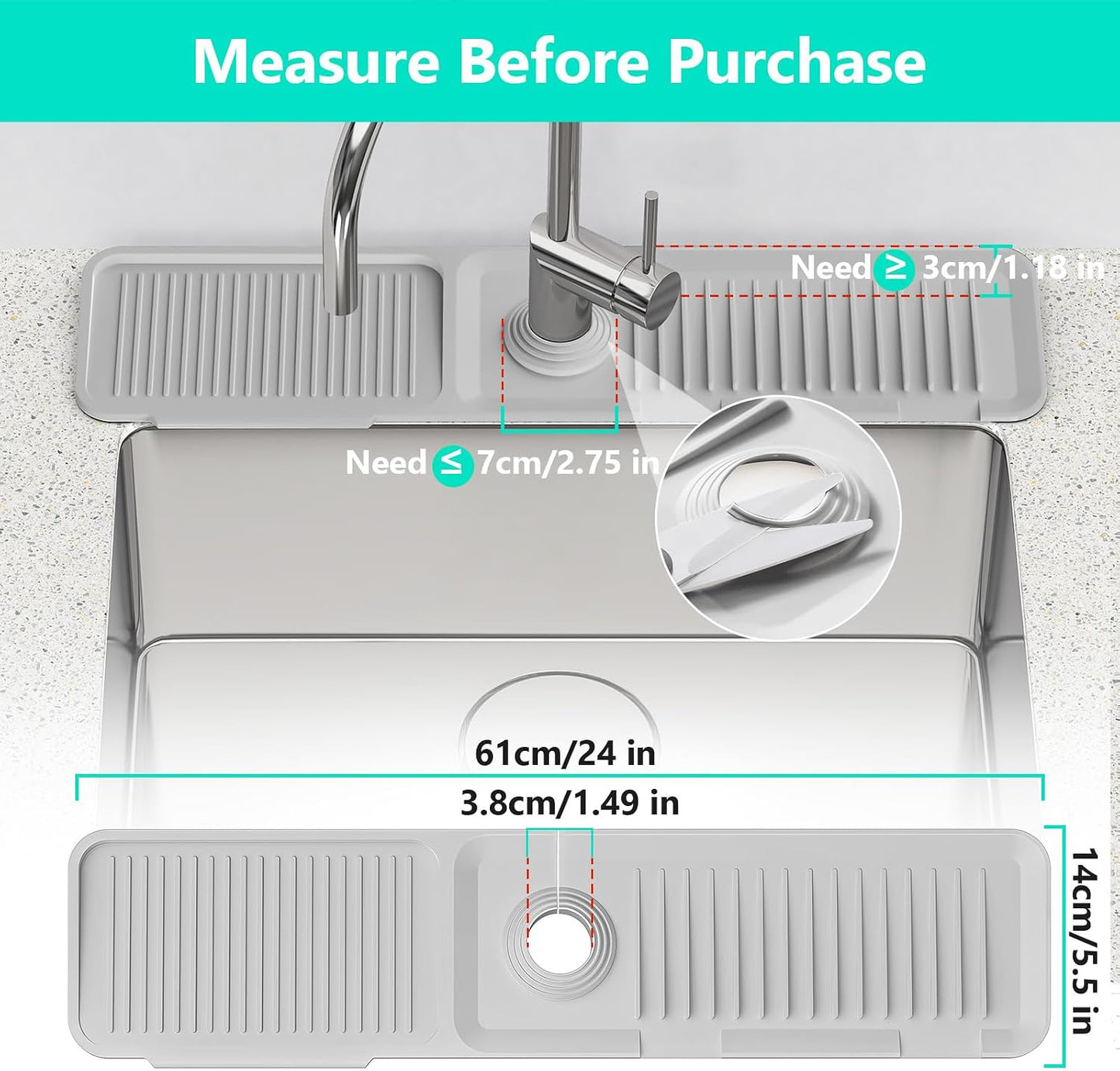 24 Inch Longer Faucet Mat for Kitchen Sink [5° Slope Fast Self-draining]Bathroom Kitchen Sink Splash Guard Silicone Sinks Faucet Mat Splash Guard for Kitchens Sinks Area Tidy Splashs Draining Mats