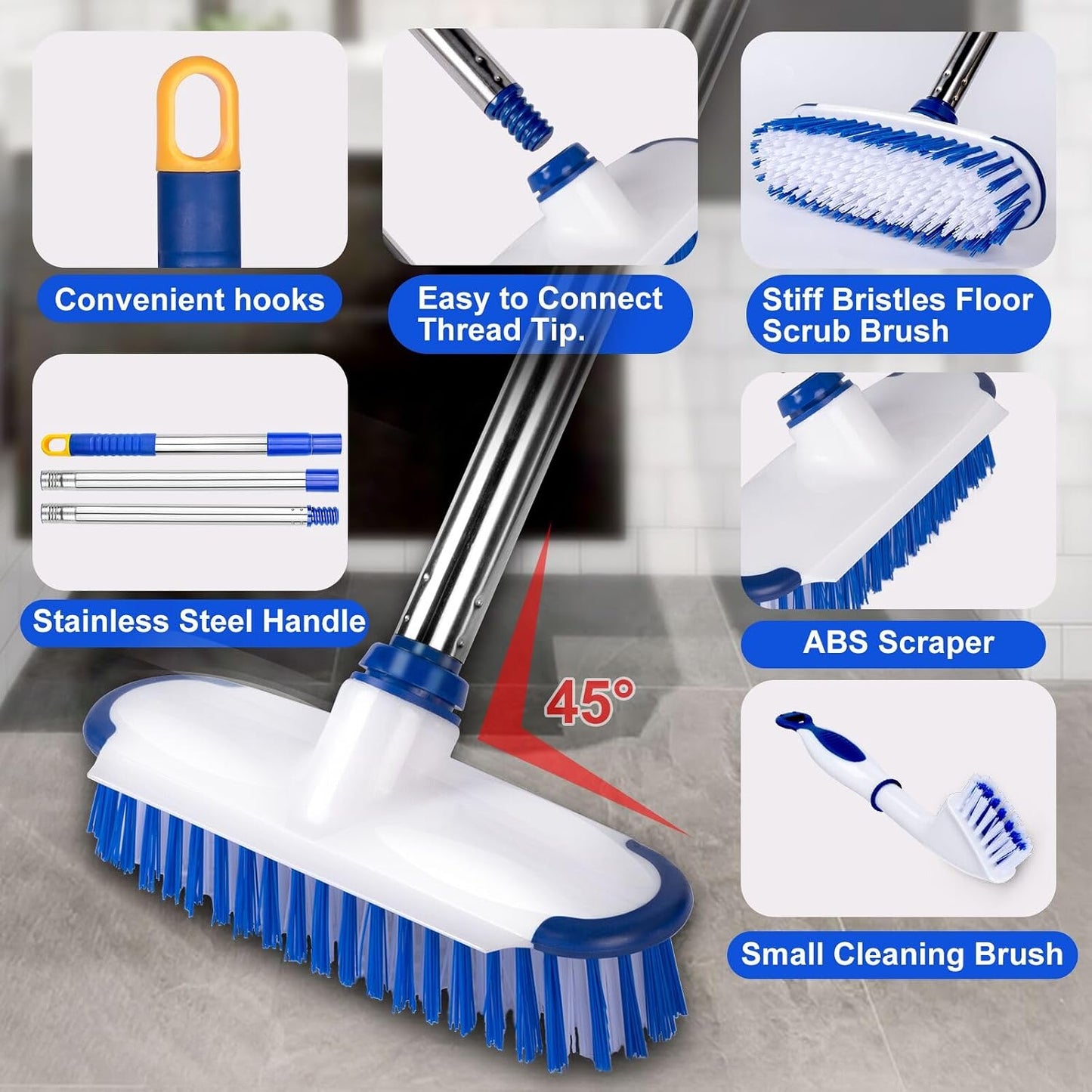 Floor Scrub Brush with Long Handle - 53" Deck & Grout Cleaner Brush Set for Tile, Marble, Stone, Bathroom, Patio, Garage, Deck & Floor Cleaning