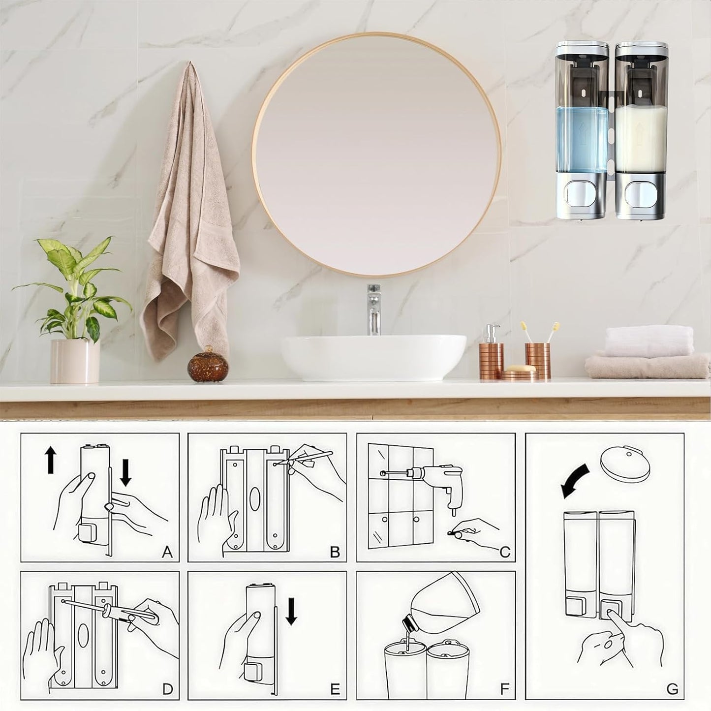 10oz/300ml Single Manual Wall Mounted Soap Dispenser, Black | Bathroom Shampoo and Conditioner Dispenser, Clear Plastic Refillable Liquid Lotion Pump Dispenser and Organizer