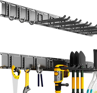 Garage Tool Organizer Wall Mount, 48 Inch Heavy Duty Garden Tool Organizer Storage System, Easy Install with 6 Adjustable Straight Hooks, for Garage, Basement, Shed, Workshop, Black, Steel