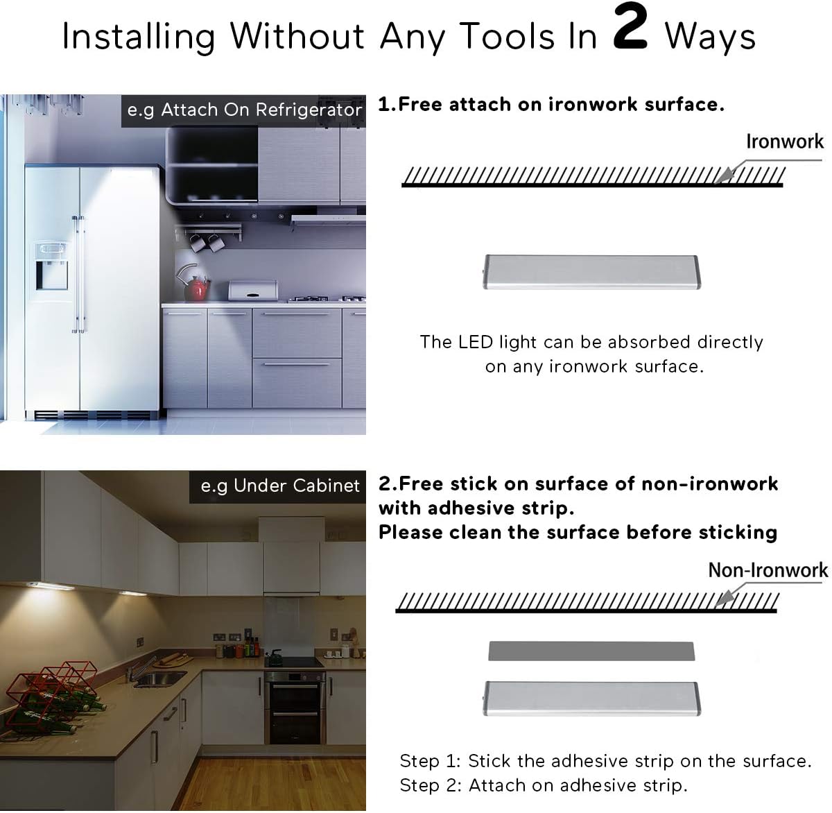 Wireless Motion Sensor Cabinet Lights 10-LED USB Rechargeable Closet Lights LED Under Cabinet Lighting for Wardrobe/Drawer/Stairs/Cupboard/Counter/Pantry/Stairs,Stick On Anywhere,2 Pack,White Light