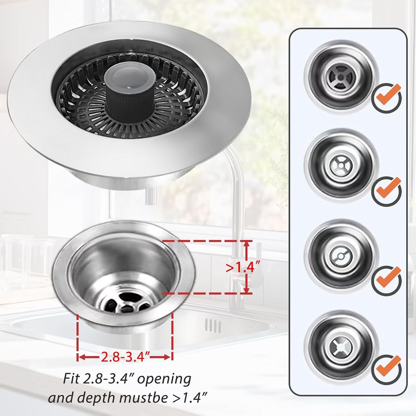 Anlige Kitchen Sink Drain Strainer, 3 in 1 Pop Up Kitchen Sink Stopper, with An Extra Basket Strainer, Universal for US Standard 3-1/2 Inch, Chrome Silver