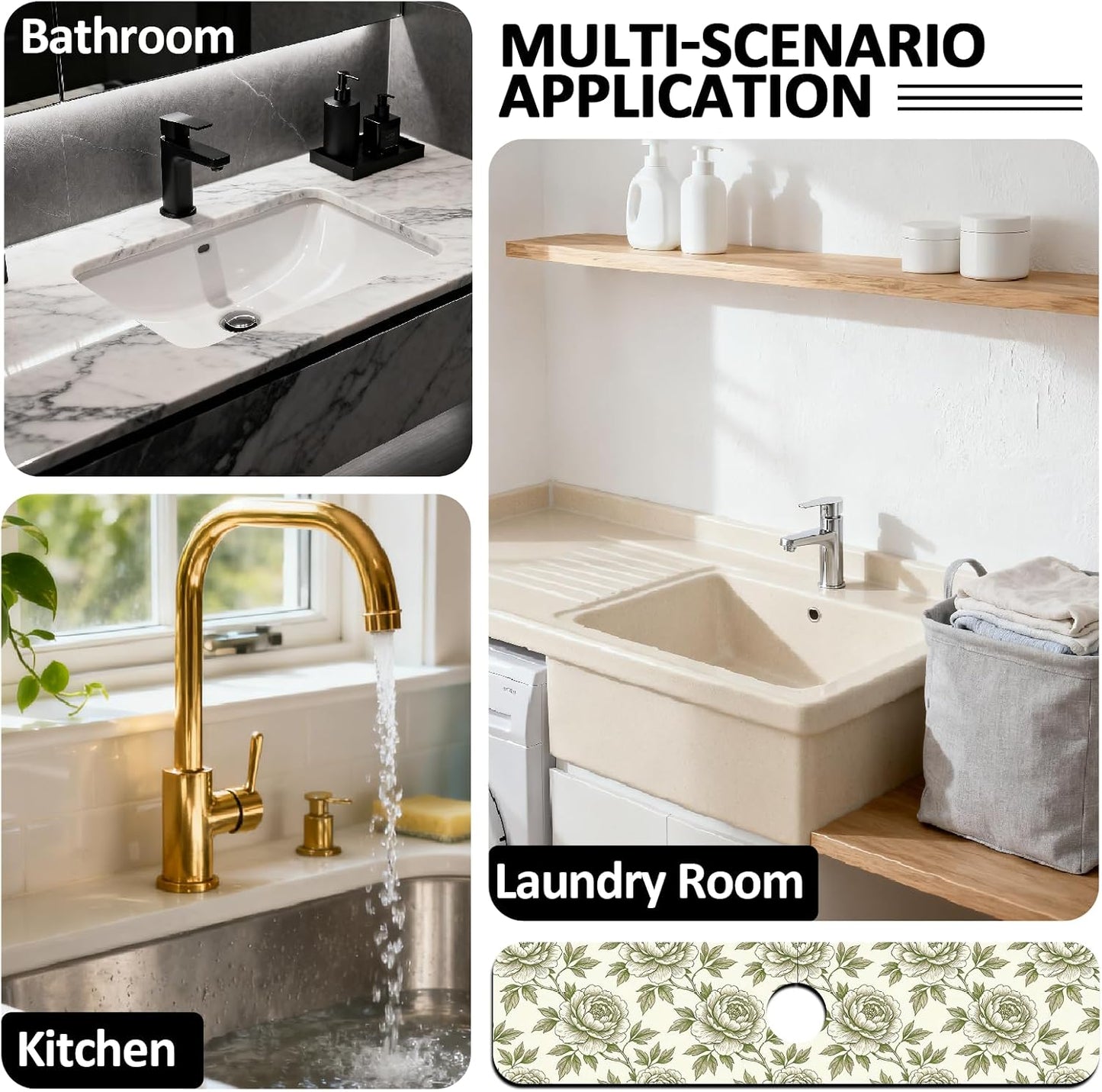 2Pcs Peonies Kitchen Sink Splash Guard Faucet Mat Vintage Florals Faucet Mat For Bathroom Kitchen 5.5x23.6In