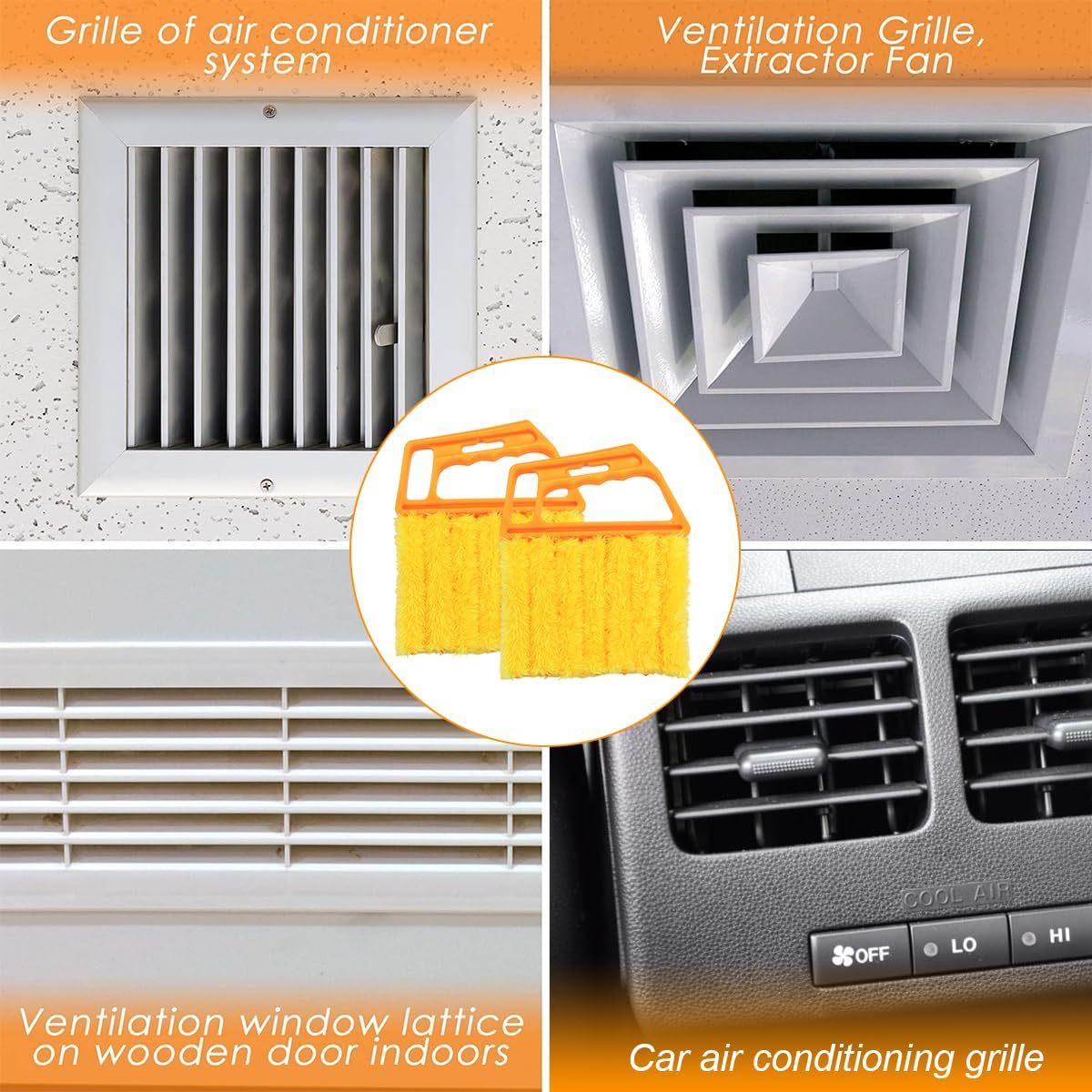 3PCS 6.3 Inch 7-Finger Microfiber Vent Cleaning Brushes, Orange | PP handles, detachable washable cloths, reusable design, reaches narrow grille gaps, automotive cleaning tools