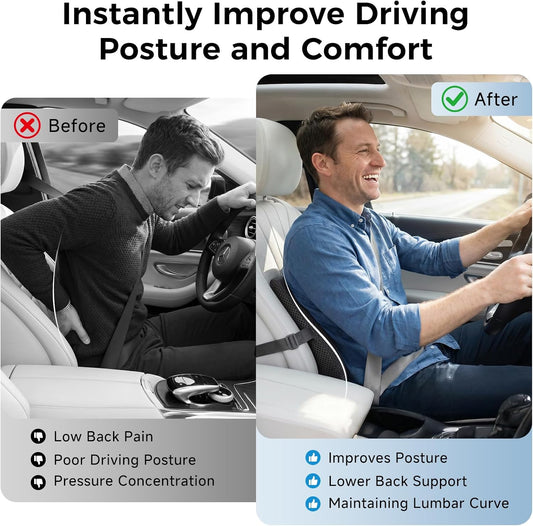 Lumbar Support Pillow for Car & Office Chair - High-Density Memory Foam Back Cushion for Sciatica & Lower Back Pain Relief - Non-Slip Support for Long Commutes & Desk Workers (Black)