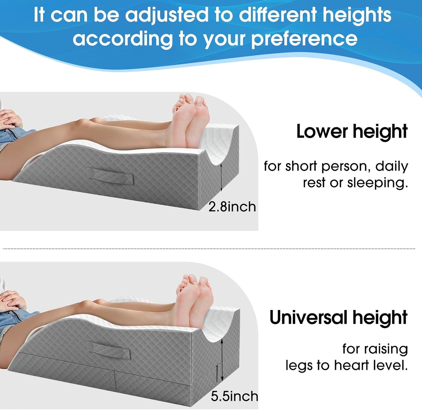 TranquilRelax Leg Elevation Pillows for After Surgery, Wedge Pillow, Grey | Memory Foam, All-around Knee & Ankle Support for Swelling, Height-adjustable, Nop-Slip Bottom, Washable Cover, Single-leg