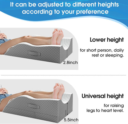 TranquilRelax Leg Elevation Pillows for After Surgery, Wedge Pillow, Grey | Memory Foam, All-around Knee & Ankle Support for Swelling, Height-adjustable, Nop-Slip Bottom, Washable Cover, Single-leg