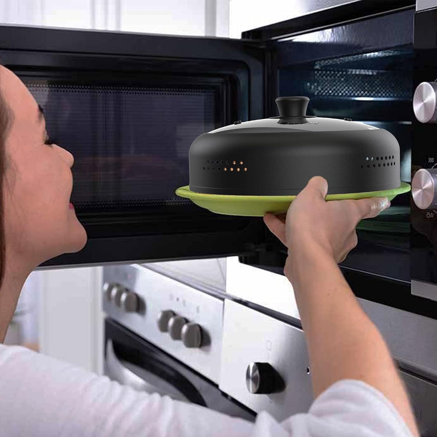 Microwave Cover for Food, Silicone and Glass Splatter Guard Lid for 6–7–8–9-10-11-12 inch Plates & Bowls. By EZY ACTIVE (Gray)