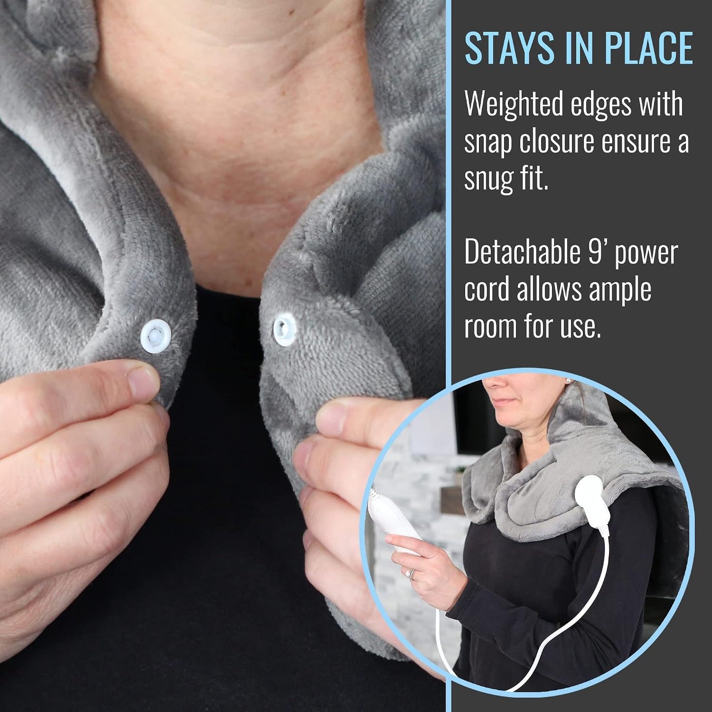 DMI Plush Micro-Fleece Weighted Heating Pad for Neck, Shoulders & Back - 4 Heat Settings, Auto Shut-Off, 9' Cord, Gray, Large