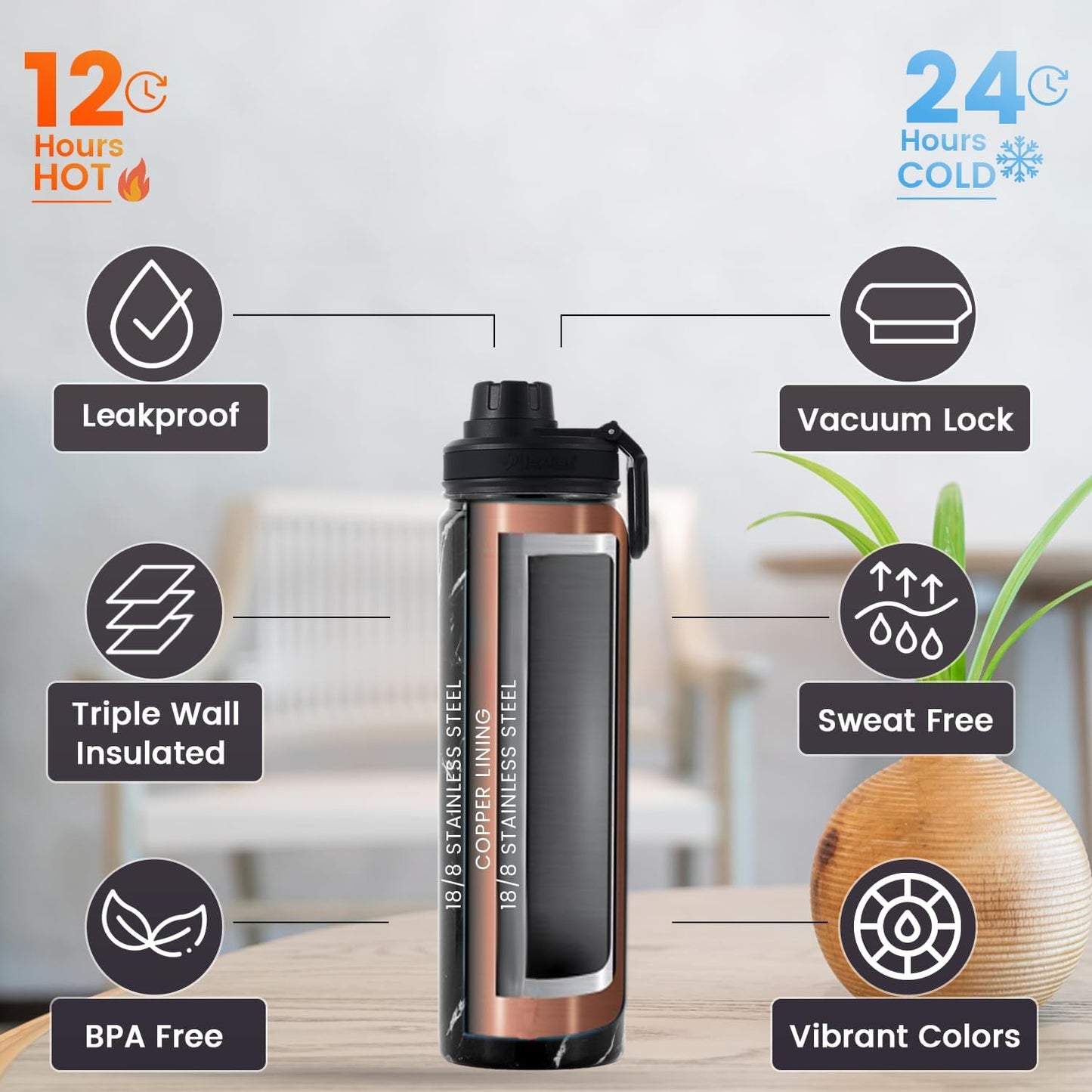 Lexlion Tea Infuser Water Bottle 22 Oz – Triple Wall Insulated Stainless Steel, Loose Leaf & Fruit Strainer, 3 Leakproof Lids, BPA-Free Silicone Sleeve, Reusable Thermal Mug