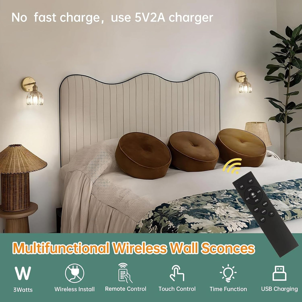 Shenmoyl Vintage Battery Operated Wall Sconce with Green Tulip Glass Lampshade Rechargeable Battery Powered Wall Light with Remote Control for Bedside Bedroom Doorway