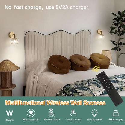 Shenmoyl Vintage Battery Operated Wall Sconce with Green Tulip Glass Lampshade Rechargeable Battery Powered Wall Light with Remote Control for Bedside Bedroom Doorway