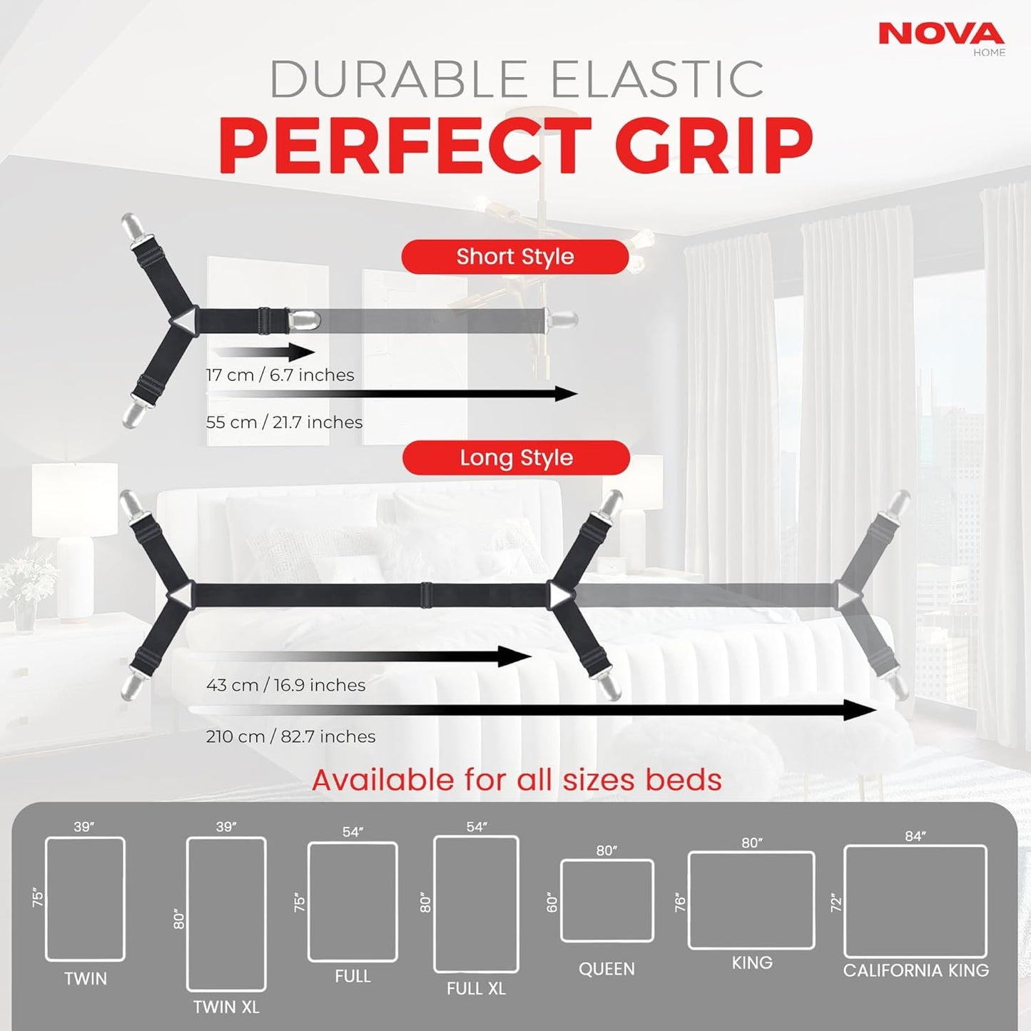 Bed Sheet Holder Straps, Adjustable Elastic, 2pcs Set, Black | Nickel Clamps, Fabric Protectors, Crisscross Design Keeps Sheets Tight, Fits All Mattress Sizes