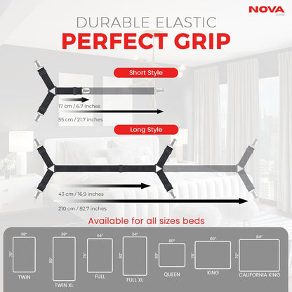 Bed Sheet Holder Straps, Adjustable Elastic, 2pcs Set, Black | Nickel Clamps, Fabric Protectors, Crisscross Design Keeps Sheets Tight, Fits All Mattress Sizes