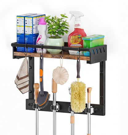 Broom Holder Wall Mount with Shelf, Black, L | 3 in 1 Broom and Mop Organizer, Wall Hanging, For Laundry, Garage, Utility, Vacuum Stand Alternative