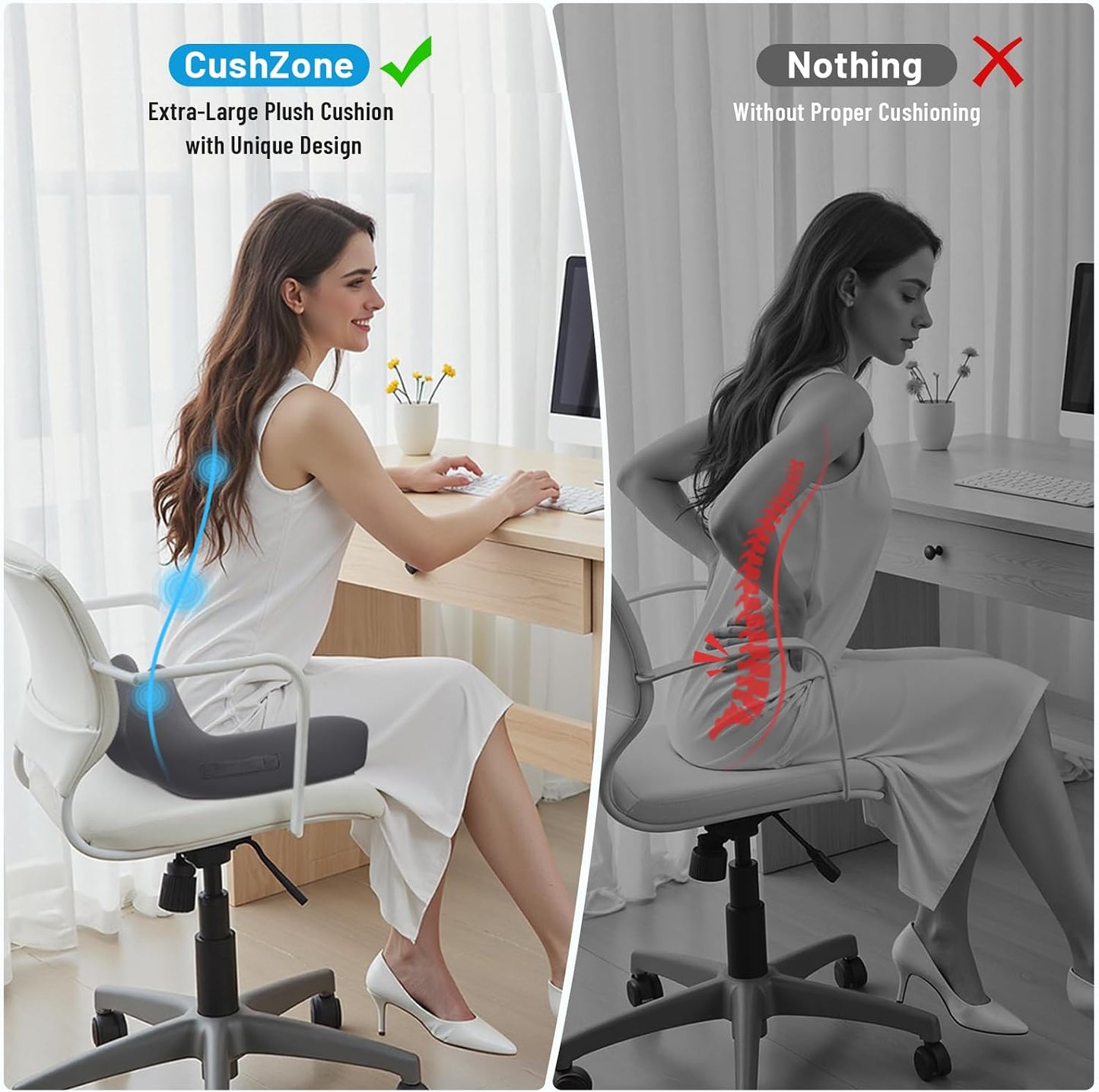 Memory Foam Seat Cushion, Ergonomic Office Chair Cushion for Long Sitting | Curved Tailbone Support Cushion for Car, Desk Chair and Wheelchair, Coccyx Comfort Pad with Breathable Cover, Gray