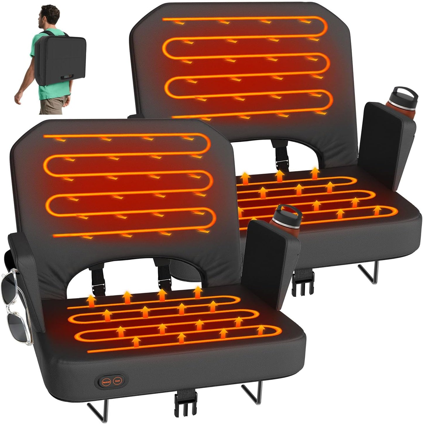 HOPERAN Heated Stadium Seats for Bleachers, Dual Control, Foldable Armrests | Independent Seat & Back 3 Level Heat (Battery Not Included), Soft Cushion, Recliner, Anti-Slip, Side Pockets, Oxford Fabric