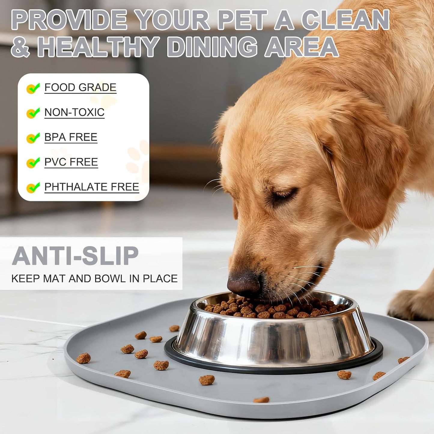 SMILOOL Waterproof Silicone Pet Food Mat with Raised Edge for Dog & Cat | 19" x 12" Non-Slip Pet Feeding Mats with Lip for Food & Water Bowl, Food Grade, Easy Cleaning, Black