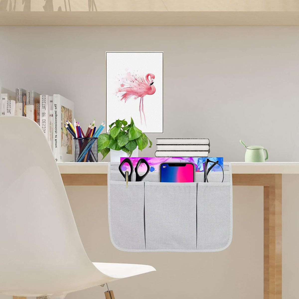 Bedside Caddy Bedside Storage Organizer Magazine Phone Tablet iPad Remote Holder, Organizer Caddy for Home College Dorm Bed, Sofa, Bunk Bed (Grey)