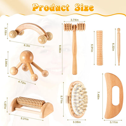 TrelaCo 8 Pcs Wood Therapy Massage Tools Set, Lymphatic Drainage Massager Maderoterapia Kit, Manual Massage Rollers for Muscle Pain Relief, Anti-Cellulite, Body Contouring and Shaping