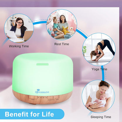 Diffuserlove Essential Oil Diffuser 500ML Aromatherapy Diffuser Mist Humidifiers 7 Color LED Lights Diffusers for Home Office Bedroom (Size:6.7" L x 6.7" W x 4.7" H)