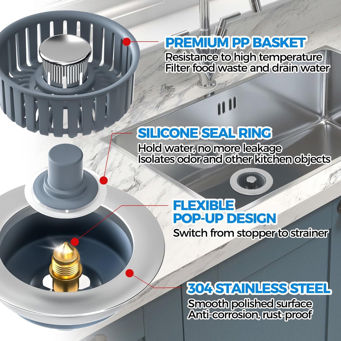 3 in 1 Kitchen Sink Drain Strainer Stopper Removable Basket Pop-Up | Kitchen Sink Food Strainer 1 Pack Silver Stainless - Food Catcher, Odor-Block Seal, Fits 3.5" Drain, Easy Clean