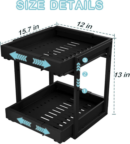 Golener 2-Tier Expandable Pull Out Cabinet Organizer, Cabinet Drawers, 16"D | Cabinet Pull Out shelves, Adjustable Pantry Drawers, Slide Out Drawers for Kitchen Cabinets, Under Sink Organizer, Black
