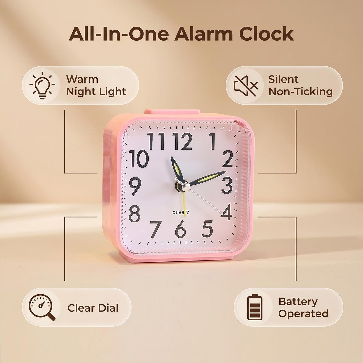 Small Analog Alarm Clock Battery Operated with Warm Glow Nightlight, Silent Non-Ticking Quartz Desk Clock, Easy-to-Read Dial, Battery Powered Travel Table Clock for Bedroom, Students, Office（Pink)
