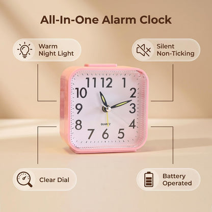 Small Analog Alarm Clock Battery Operated with Warm Glow Nightlight, Silent Non-Ticking Quartz Desk Clock, Easy-to-Read Dial, Battery Powered Travel Table Clock for Bedroom, Students, Office（Pink)