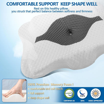 CHxxy Memory Foam Pillows, Cervical Pillow for Neck & Shoulder Pain Relief | Ergonomic Contour Bed Pillow, Soft for Side Sleep Stomach Sleeping and Back Sleeper-Queen Size&Grey